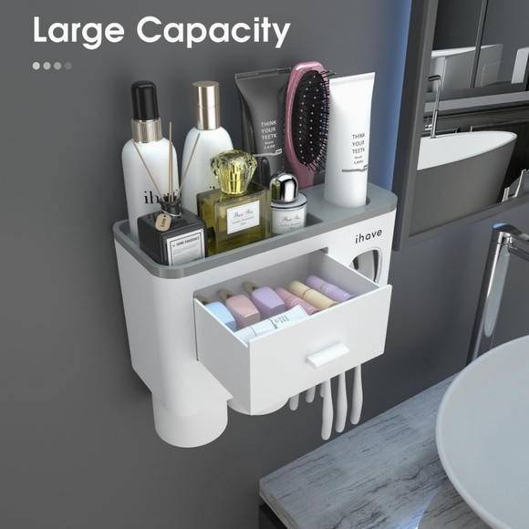 IHave 2 Cups Wall Mounted Toothbrush Holder With Toothpaste Dispenser - Picture 8 of 9